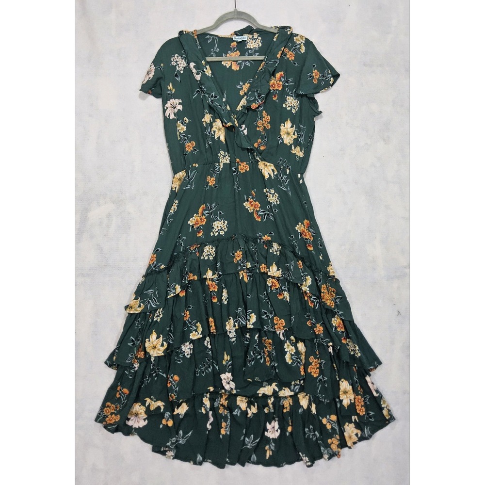 NOSTALGIA Dress Sz M 8 / 10 Hi-Low Green Floral‎ Ruffles Western Country Yellow.